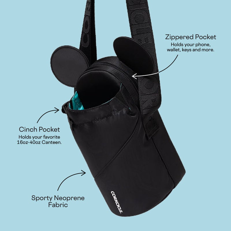 كوركسيكل حقيبة Corkcicle x Disney Minnie Mickey Mouse Ears Crossbody لزجاجة المياه باللون الأسود تناسب كوب بسعة 16-40 أونصة - عناصر آمنة في حامل زجاجة المياه مع حزام - Image 4